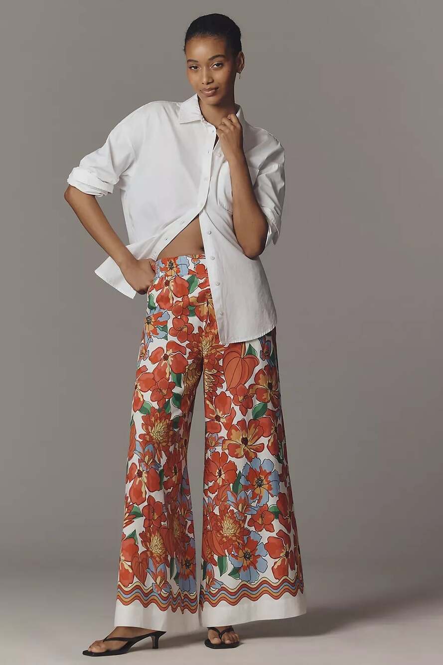 Farm Rio Wide Leg Pants Floral Print White Linen Viscose